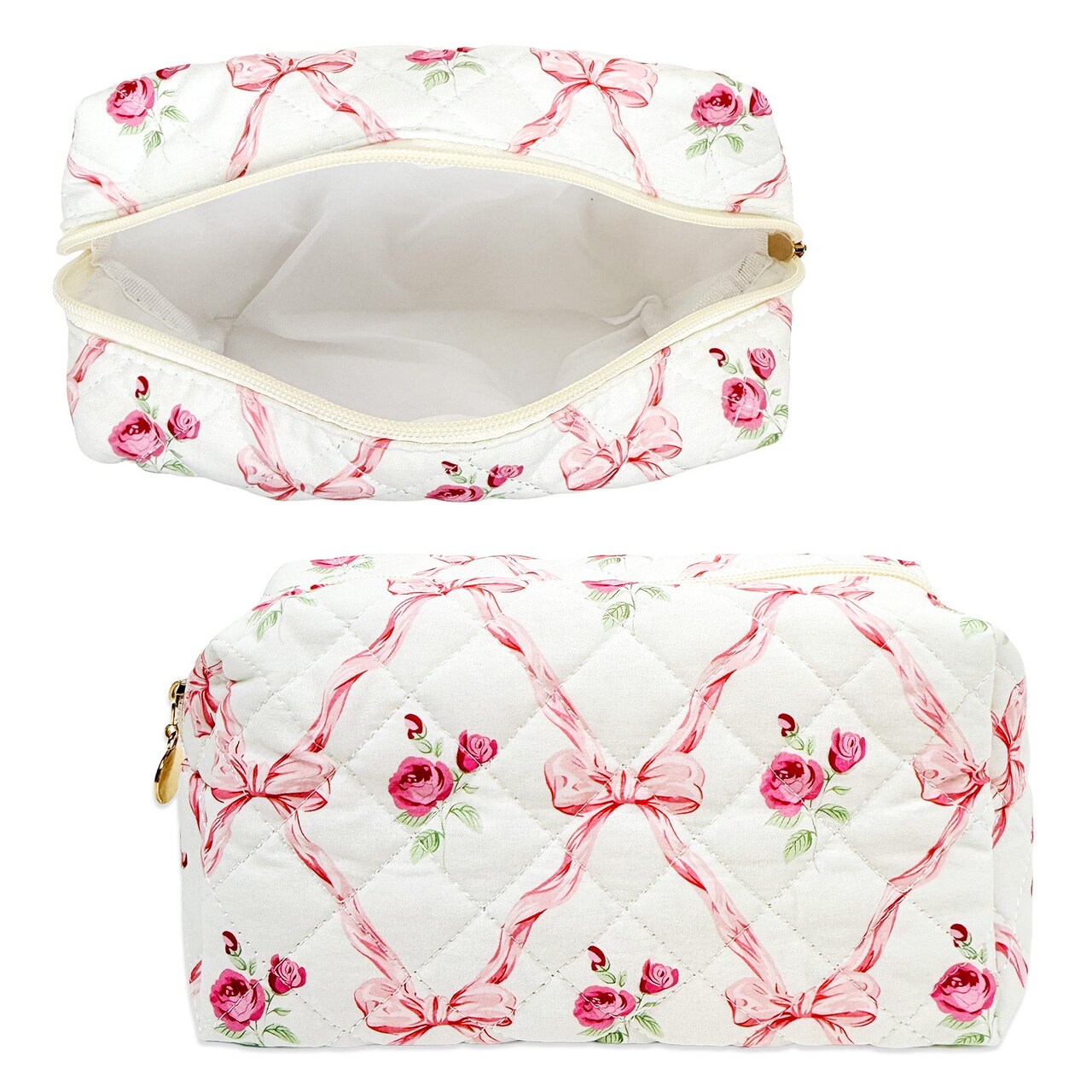 Wrapables Floral Quilted Makeup Bag for Cosmetics, Toiletries, Travel, Pink Bow